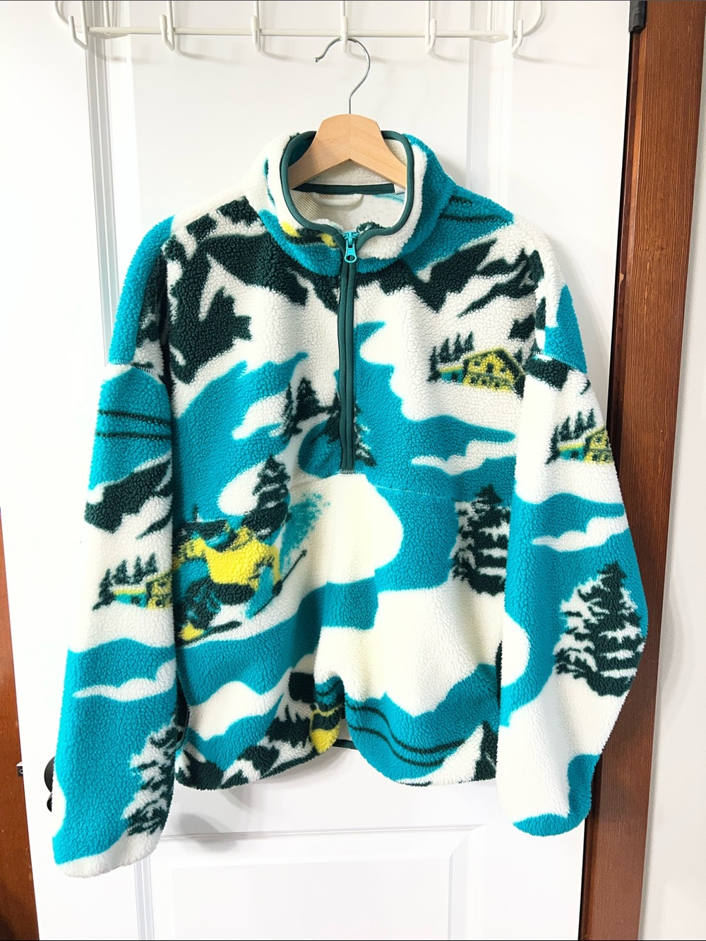 BDG Teal, White & Yellow Patterned Half-Zip Fleece Pullover